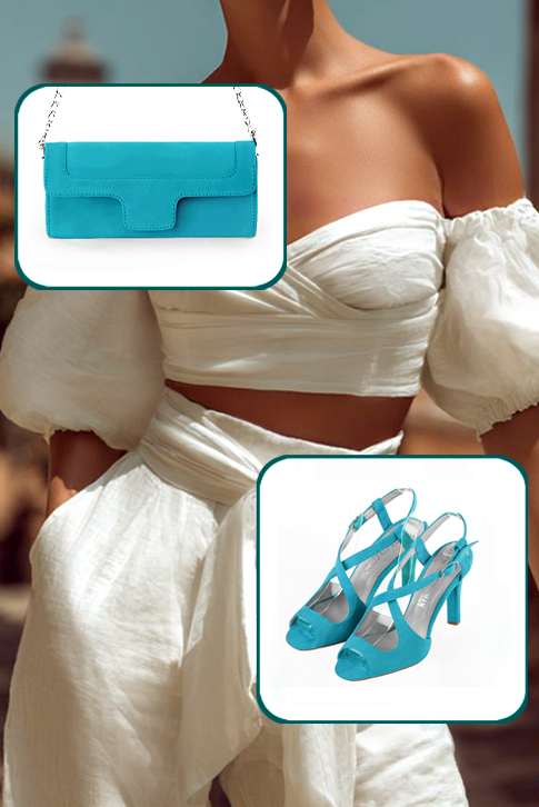 Women's turquoise blue elegant cross straps sandals. Round toe. High slim heel - Worn view